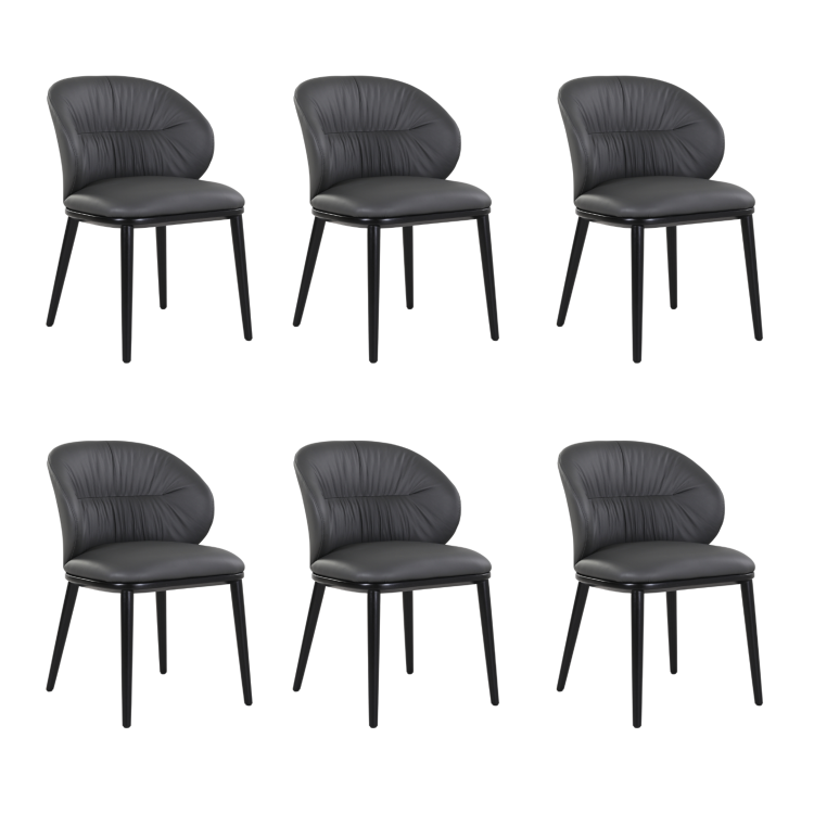 Set of 6 Charcoal Real Leather Dining Chairs with Black Legs - Eren