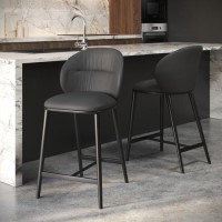 Set of 2 Charcoal Real Leather Kitchen Stools with Black Legs - Eren
