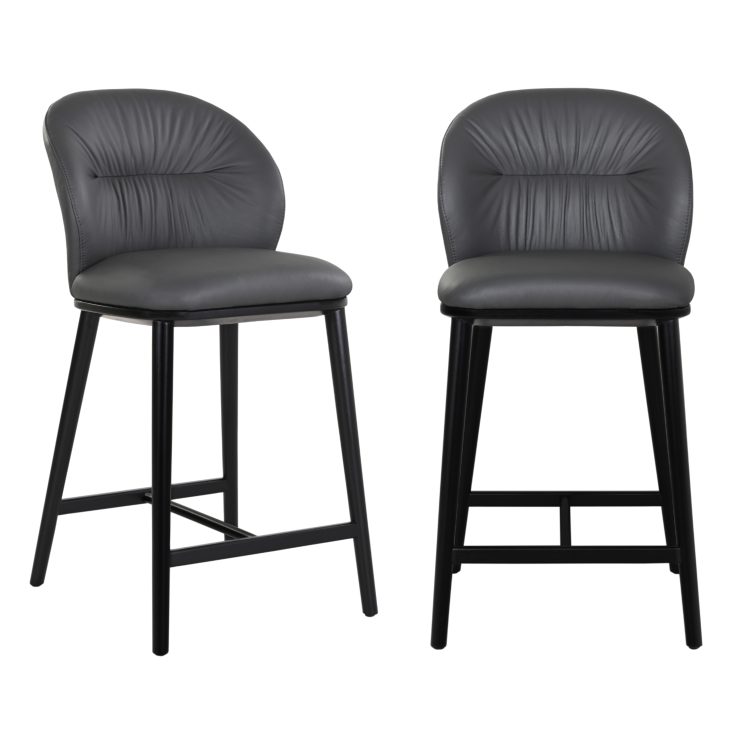 Set of 2 Grey Real Leather Kitchen Stools with Black Legs - Eren