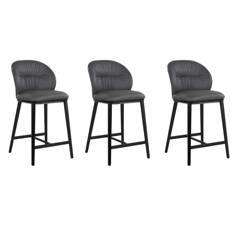 Set of 3 Grey Real Leather Kitchen Stools with Black Legs - Eren