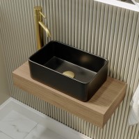 Grade A1 - 560mm Wood Effect Wall Hung Floating Basin Shelf and Black Basin - Evora