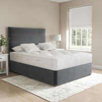 Grey Velvet Super King Divan Bed with Horizontal Stripe Headboard - Langston Grey Velvet Super King Divan Bed with Horizontal Stripe Headboard - Langston