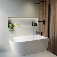 Freestanding Shower Bath Single Ended Right Hand Corner with Black Bath Screen and Towel Rail 1650 x 780mm - Faro