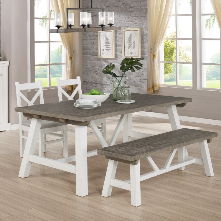 Extendable Wood Dining Table in White & Grey Wash with 2 Chairs & 1 Bench - Fawsley