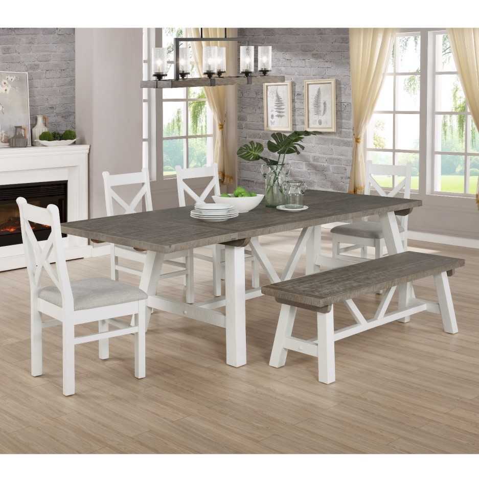 Extendable Wood Dining Table In White & Grey Wash With 4 Chairs & 1