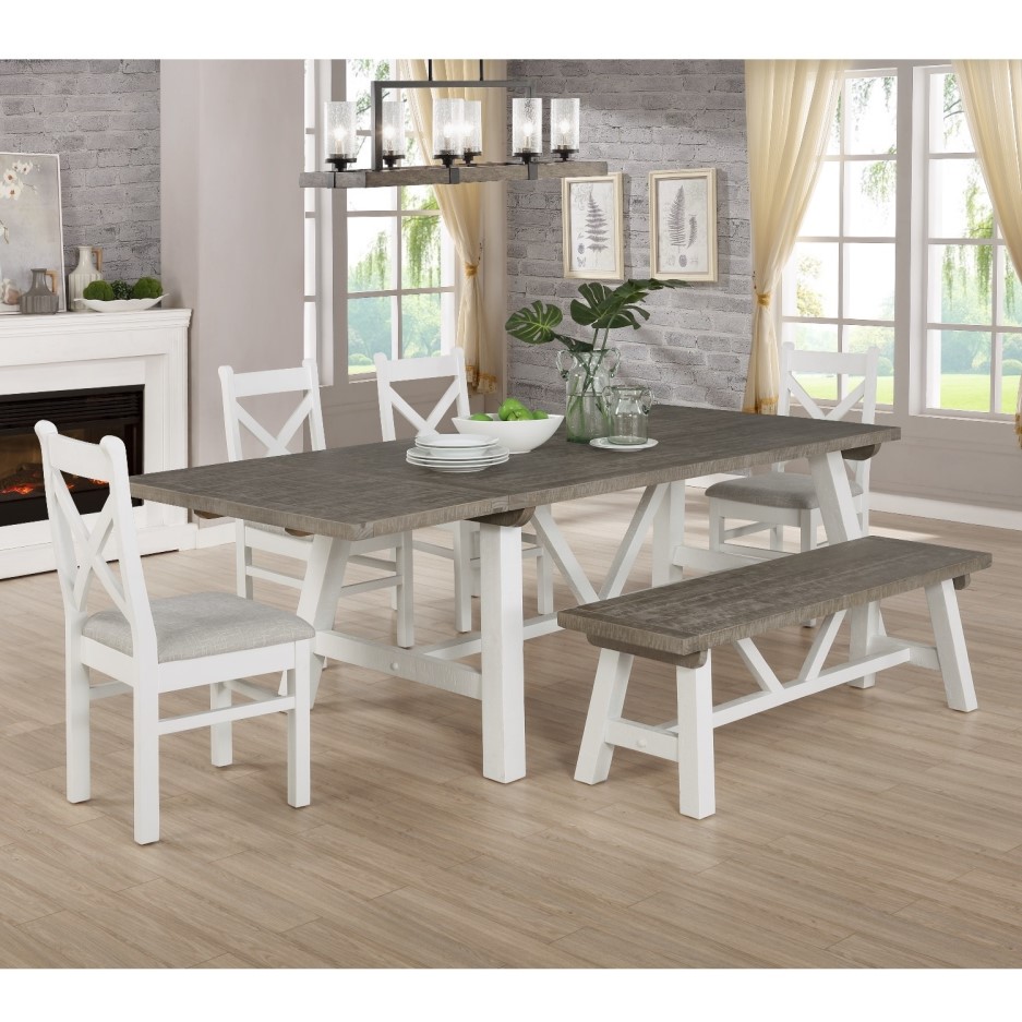 Extendable Wood Dining Table in White & Grey Wash with 4 Chairs & 1