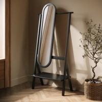 Black Freestanding Full-Length Hall Mirror with Hanging Rail and Shelf - Figo 