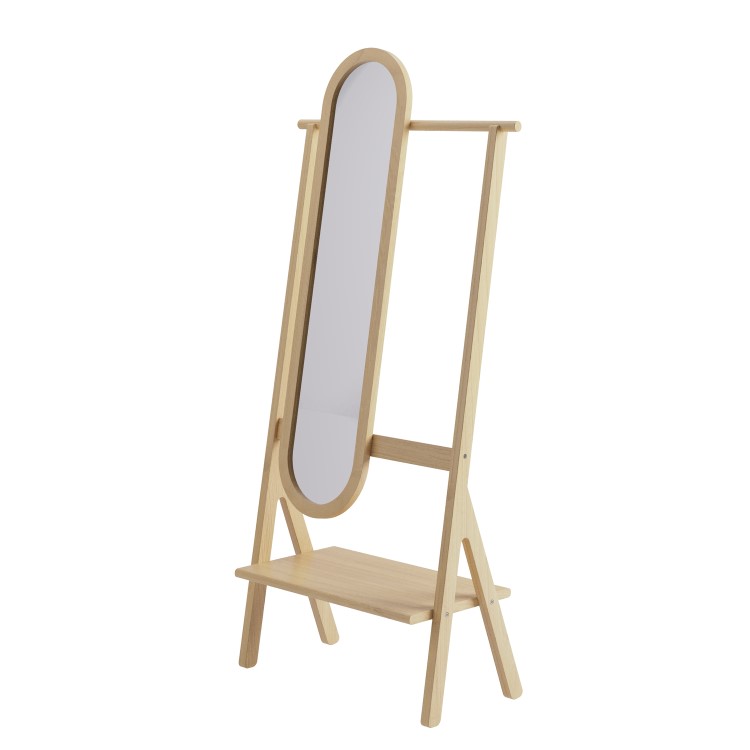 Light Wood Freestanding Full-Length Hall Mirror with Hanging Rail and Shelf - Figo 