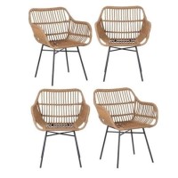 Set of 4 Brown Rattan Effect Dining Armchairs with Black Legs - Fion