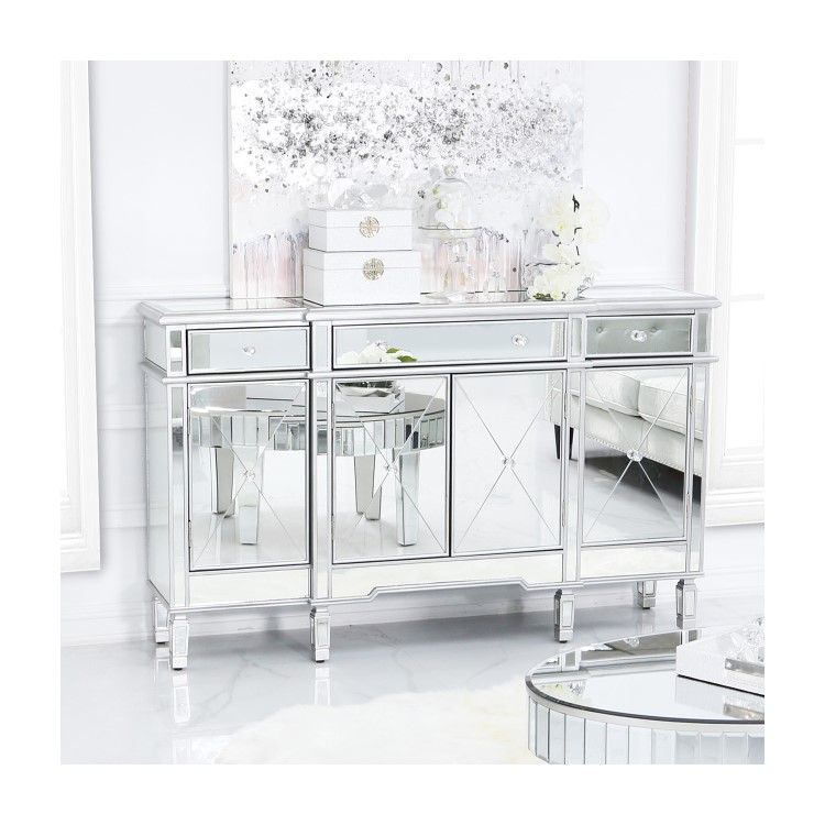 Aurora Boutique Silver Mirrored Sideboard with 4 Doors and 4 Drawers & Crystal Knob Handles