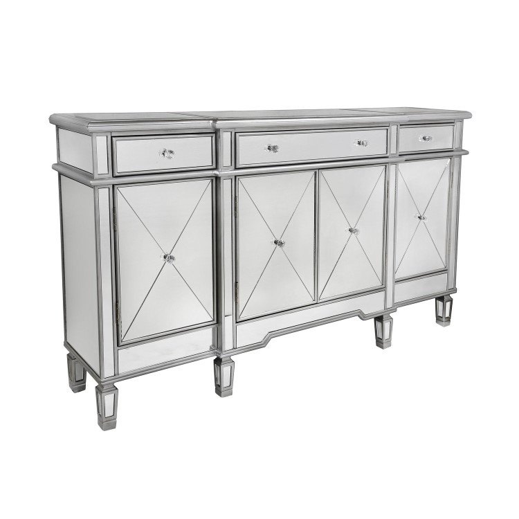 Aurora Boutique Silver Mirrored Sideboard with 4 Doors and 4 Drawers & Crystal Knob Handles