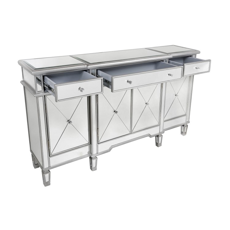 Aurora Boutique Silver Mirrored Sideboard with 4 Doors and 4 Drawers & Crystal Knob Handles