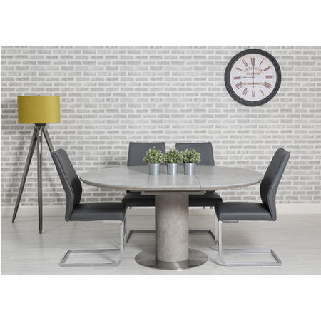 Extendable Concrete Round Dining Table & 4 Grey Faux Leather Chairs