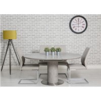 Concrete Effect Extendable Round Dining Table + 4 Cream Faux Leather Chairs