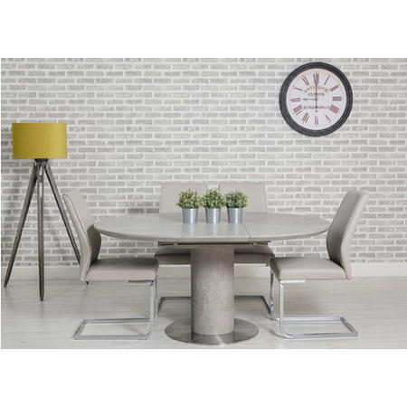 Concrete Effect Extendable Round Dining Table + 4 Cream Faux Leather Chairs
