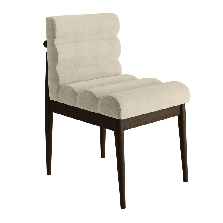 Set of 6 Walnut and Beige Ribbed Upholstered Dining Chairs - Freja