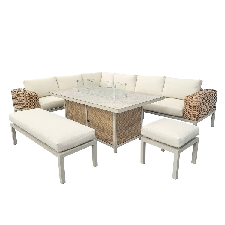 Thick Round Rattan Corner Garden Sofa Set With Fire Pit and Benches