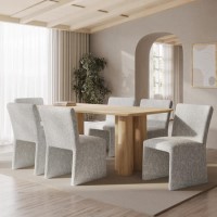 Rectangular Oak Dining Table Set with 6 Neutral Fully Upholstered Chairs - Seats 6 - Gianna