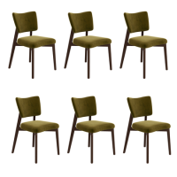 Set of 6 Olive Green Velvet Dining Chairs with Walnut Legs - Greta