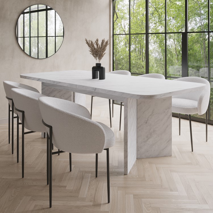 Large Rectangular White Marble Effect Extendable Dining Table Set with 6 Cream Boucle Chairs - Seats 6 - Geneva
