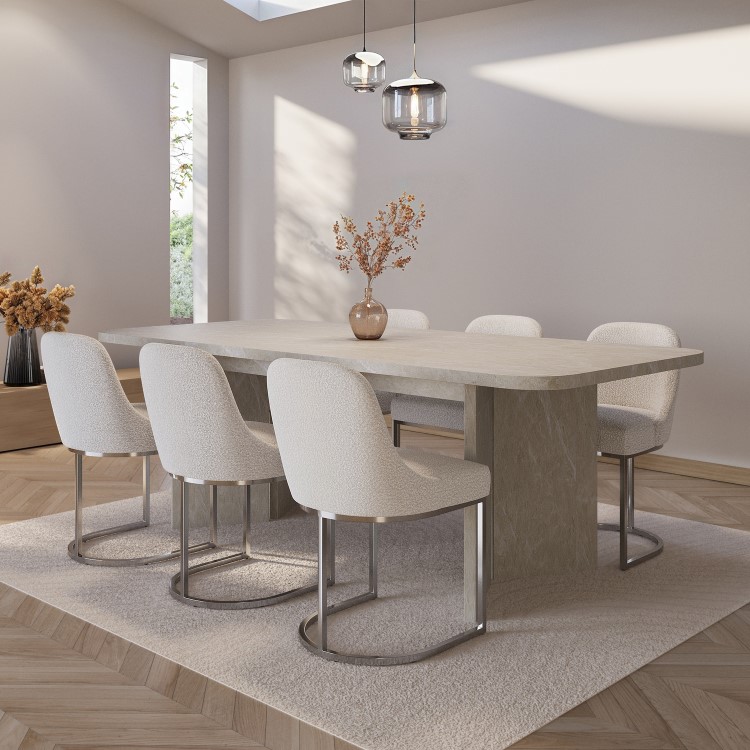 Large Rectangular Beige Marble Effect Extendable Dining Table Set with 6 Boucle Chairs - Seats 6 - Geneva