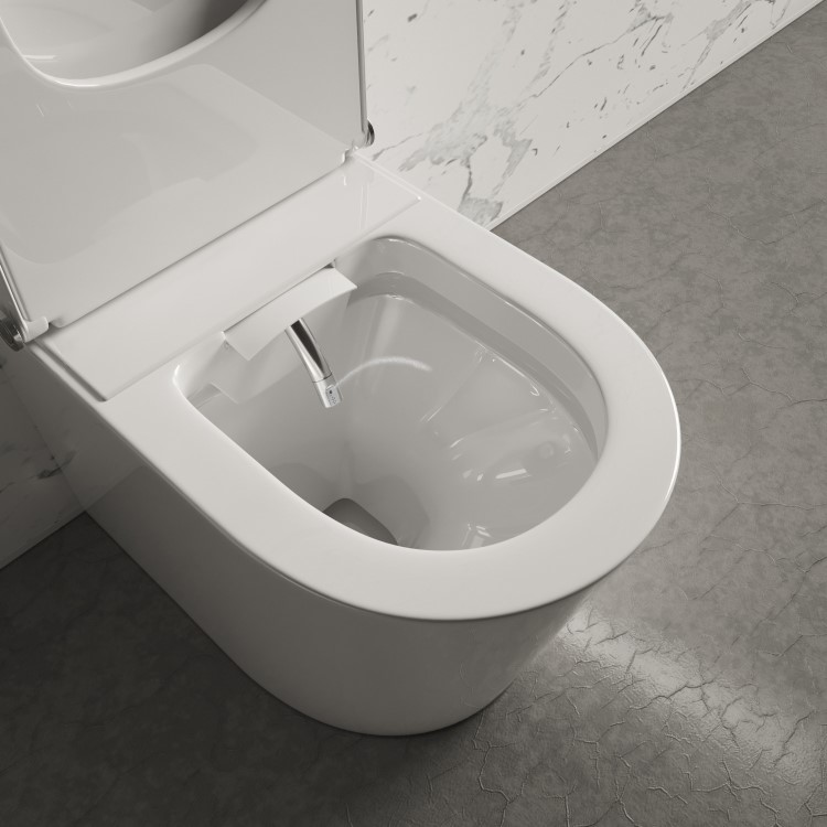 Back to Wall Smart Bidet Japanese Toilet with Black Glass Cabinet, Cistern & Pneumatic Dual Flush Button - Purificare