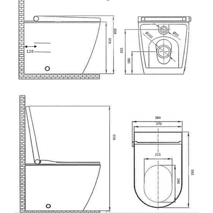 Back to Wall Smart Bidet Japanese Toilet with Black Glass Cabinet, Cistern & Pneumatic Dual Flush Button - Purificare