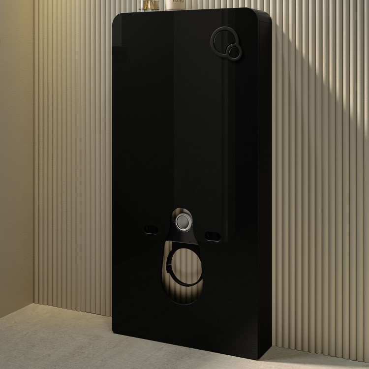 Black Wall Hung Toilet with Black Glass Cabinet, Cistern & Pneumatic Dual Flush Button - Verona