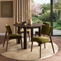 Round Walnut Flared Leg Dining Table Set with 4 Olive Green Velvet Curved Back Dining Chairs -  Hana