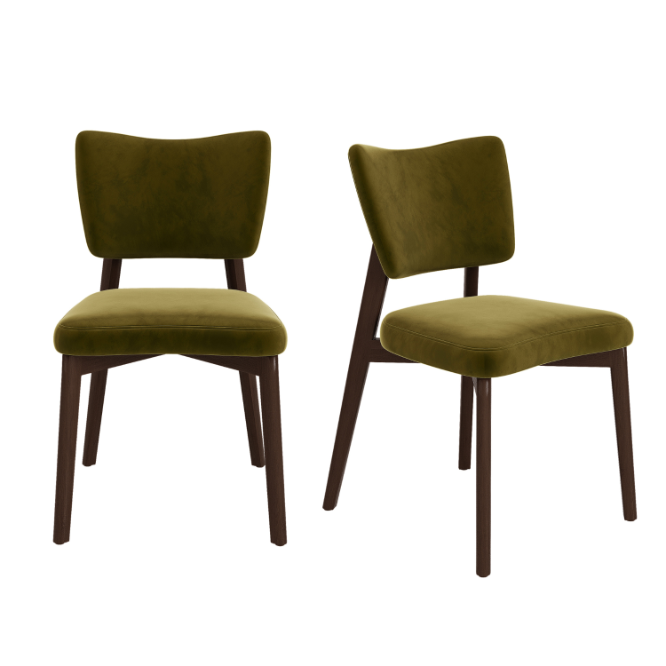 Set of 2 Olive Green Velvet Dining Chairs with Walnut Legs - Greta
