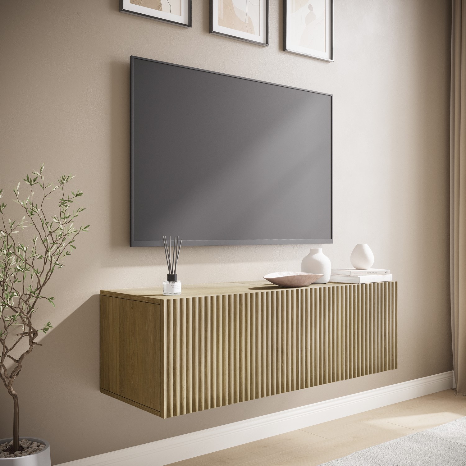 Tv Unit Ribbed Oak Multifunctional Small Oak Ribbed Floating TV Unit - TV's up to 55 ...