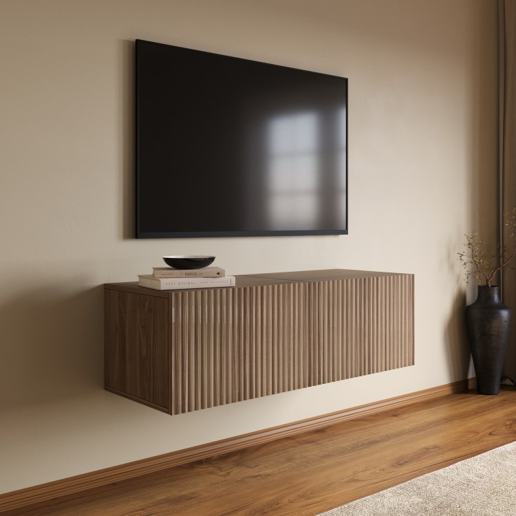 Multifunctional Small Walnut Ribbed Floating TV Stand - TV's up to 55" - Hazel