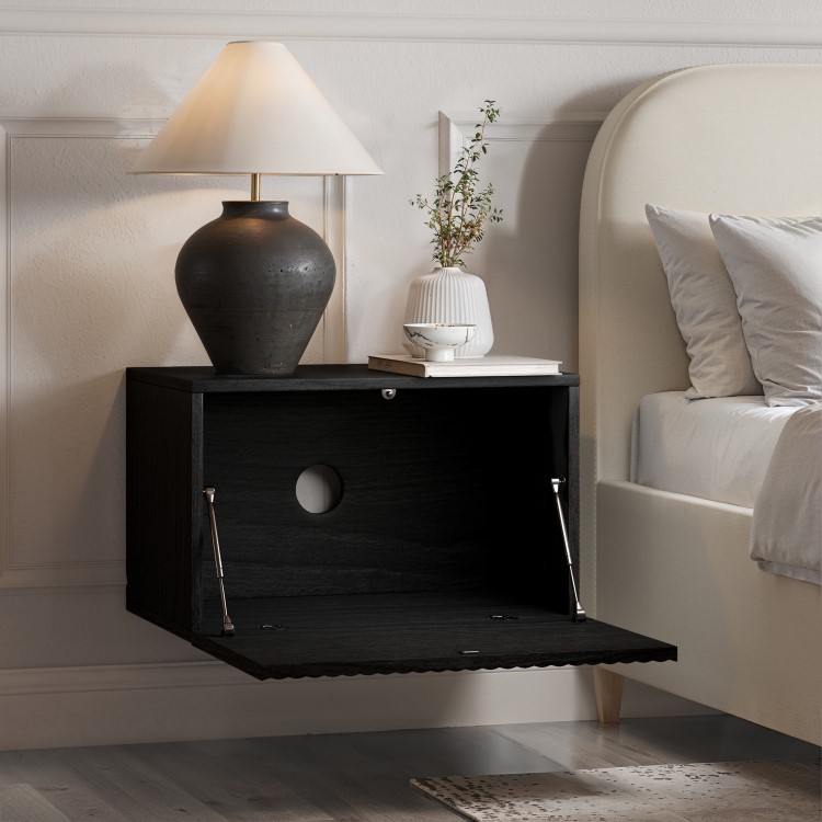 Wide Black Floating Bedside Table with Storage - Hazel