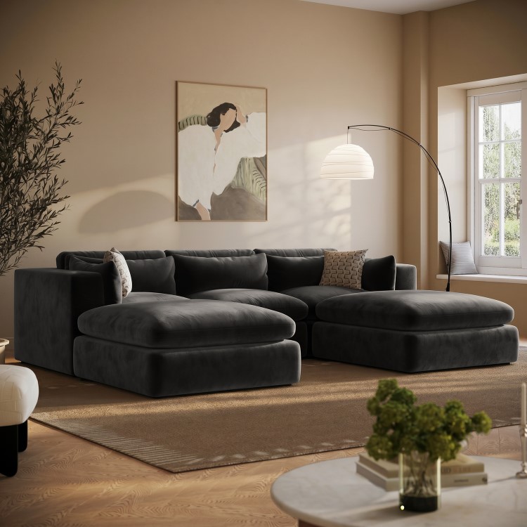 Large Charcoal Grey Velvet 4 Seater U-Shape Corner Sofa - Hudson