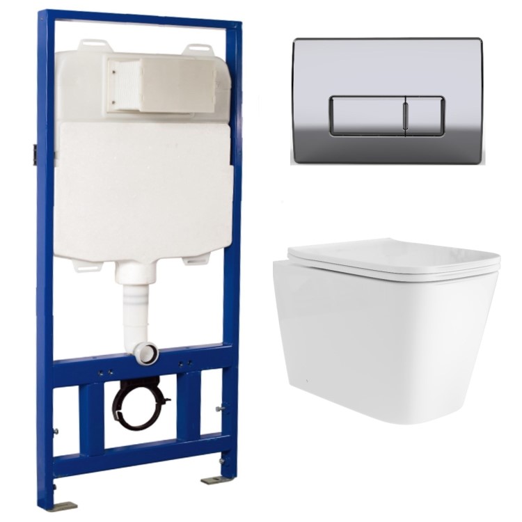 Grade A1 - Albi Wall Hung Toilet 1160mm Pneumatic Frame & Cistern & Chrome Flush Plate