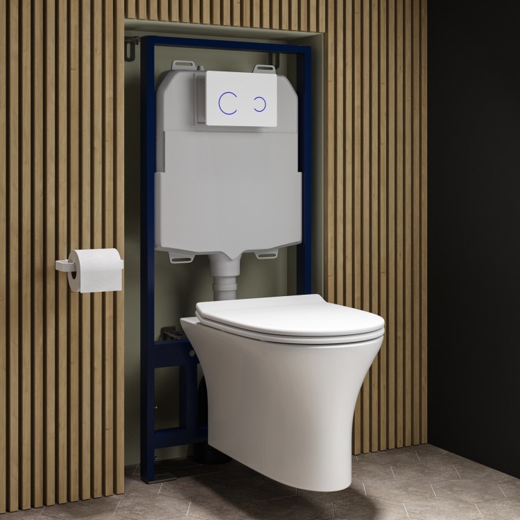 Grade A1 - Indiana Wall Hung Toilet 1160mm Pneumatic Frame & Cistern & White Glass Flush Plate