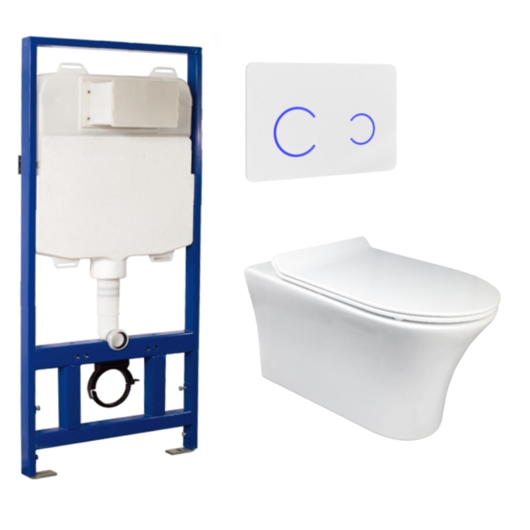 Grade A1 - Indiana Wall Hung Toilet 1160mm Pneumatic Frame & Cistern & White Glass Flush Plate