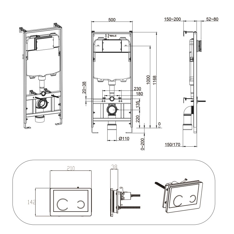 Grade A1 - Indiana Wall Hung Toilet 1160mm Pneumatic Frame & Cistern & White Glass Flush Plate