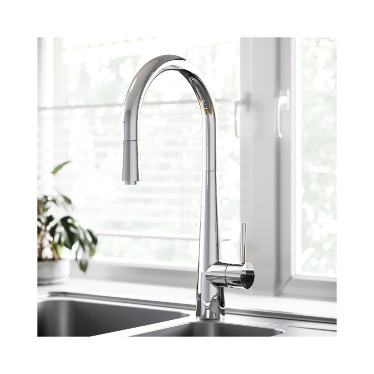 2 Bowl Chrome Stainless Steel Reversible Inset Kitchen Sink with Pull Out Mixer Tap Set - Enza