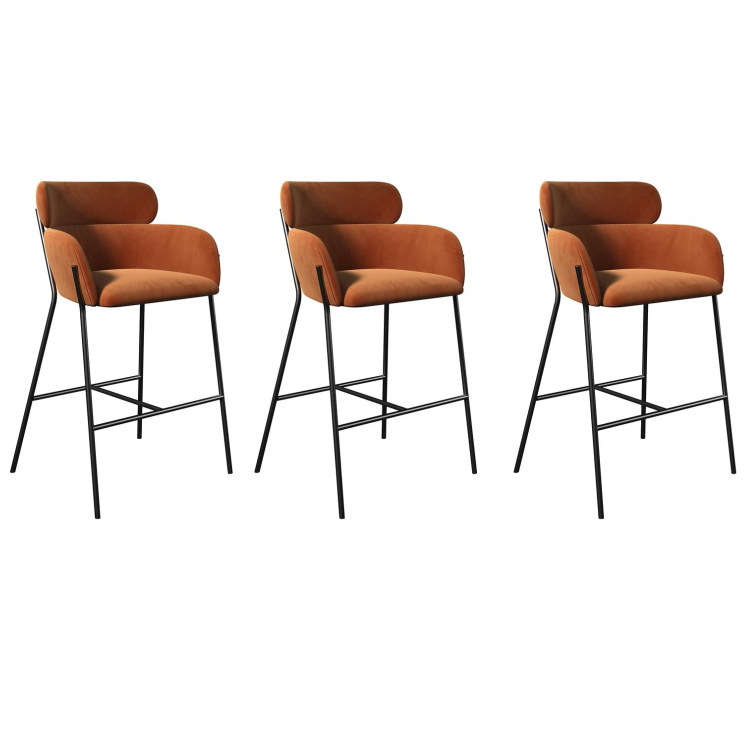 Set of 3 Burnt Orange Velvet Curved Kitchen Stools with Back - Isla