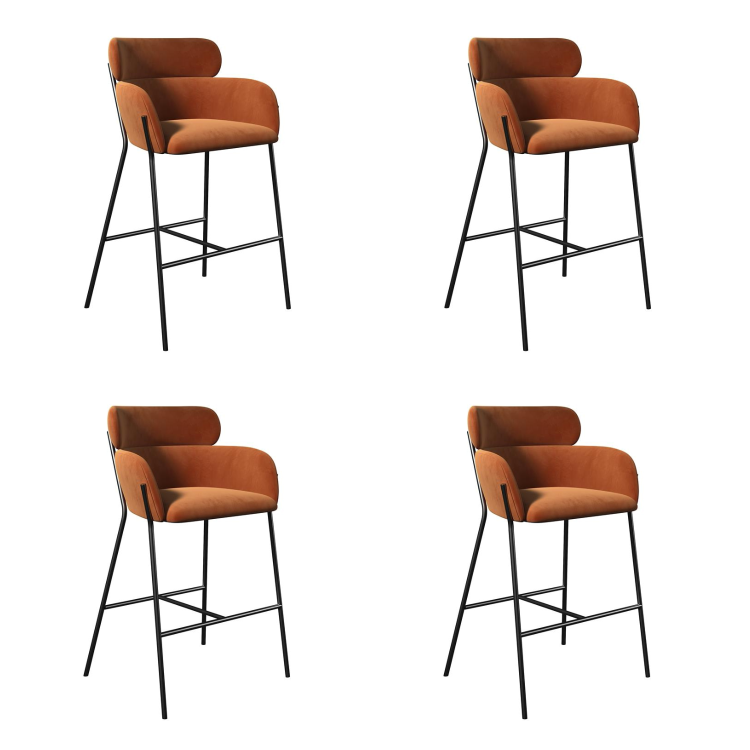 Set of 4 Burnt Orange Velvet Curved Kitchen Stools with Back - Isla
