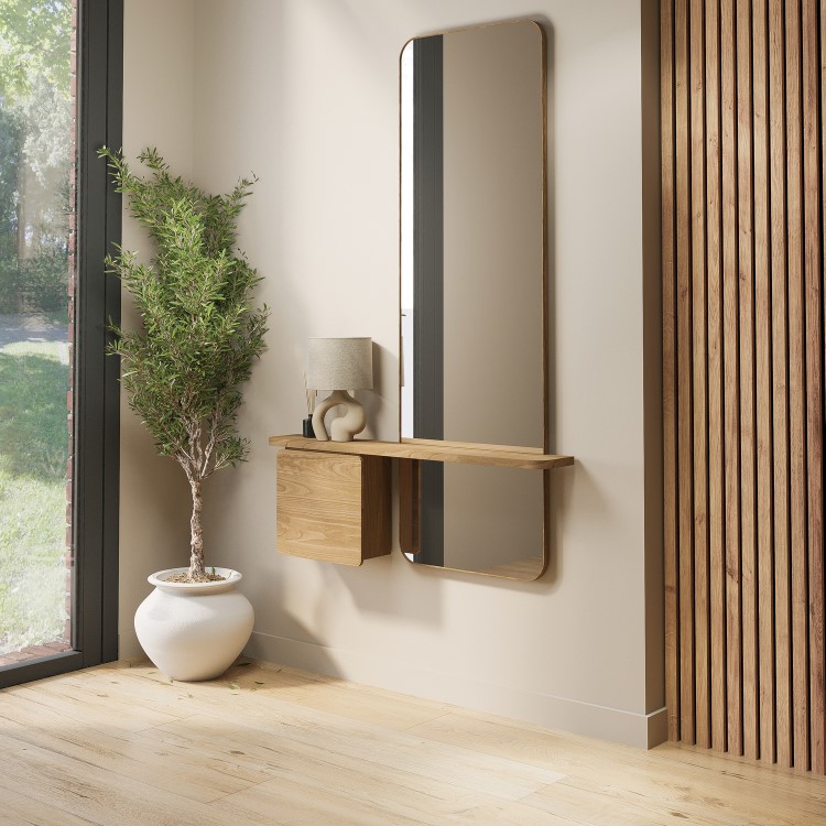 Oak Full Length Wall Mirror with Storage - Izzi