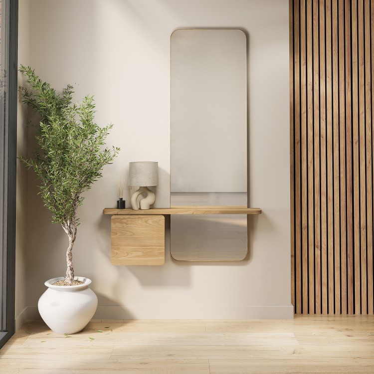 Oak Full Length Wall Mirror with Storage - Izzi