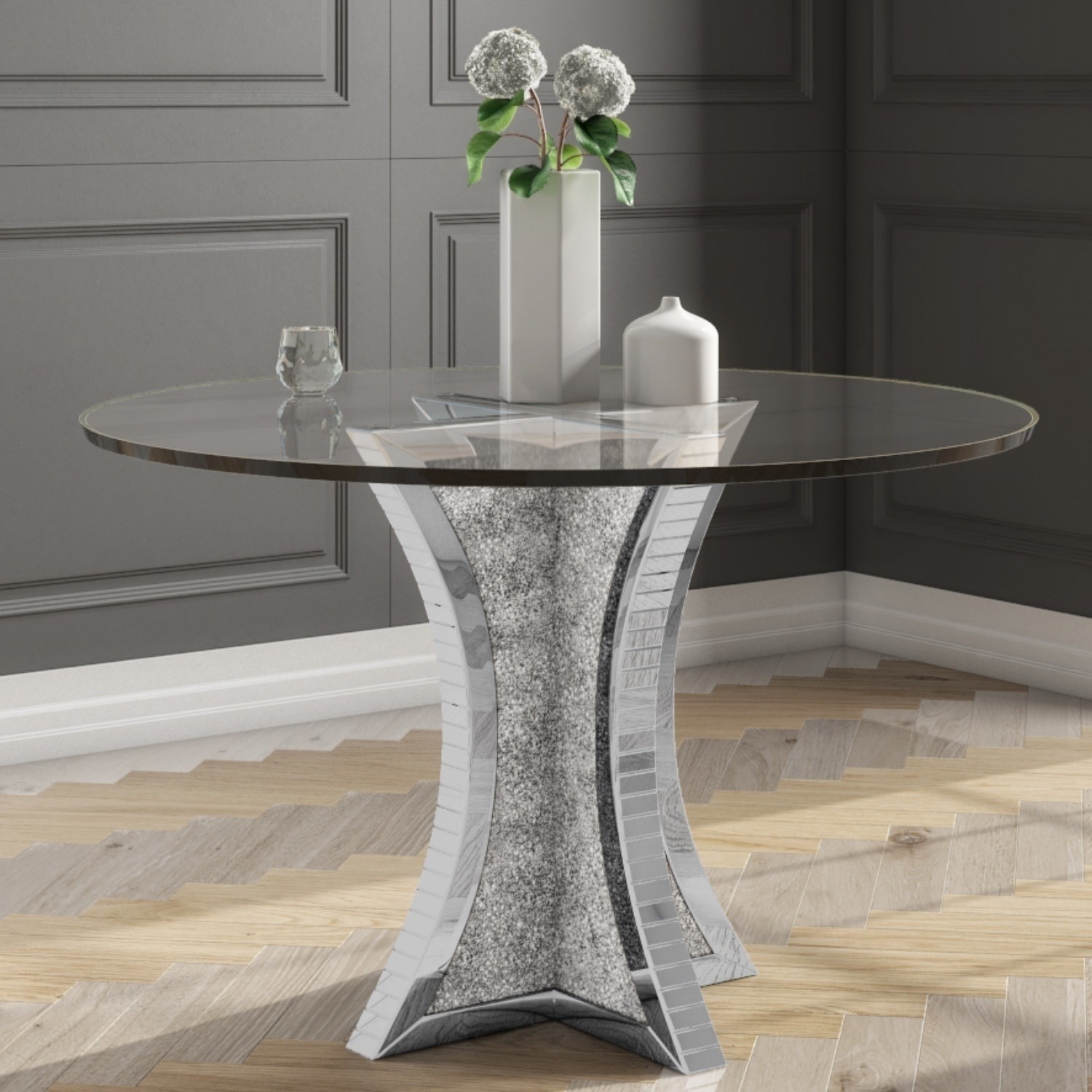 Jade Boutique Round Mirrored Dining Table with 4 Chairs in Charcoal
