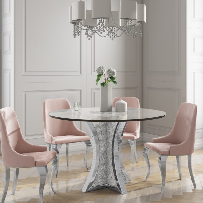 Round Mirrored Dining Table & 4 Chairs in Pink Velvet - Jade Boutique
