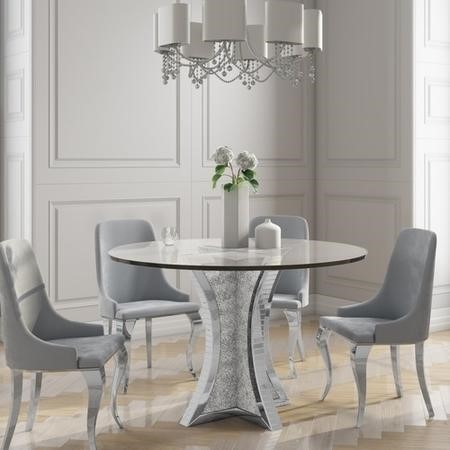 Round Mirrored Dining Table 4 Chairs, Round Mirrored Glass Top Dining Table With 4 Chairs In Grey Velvet