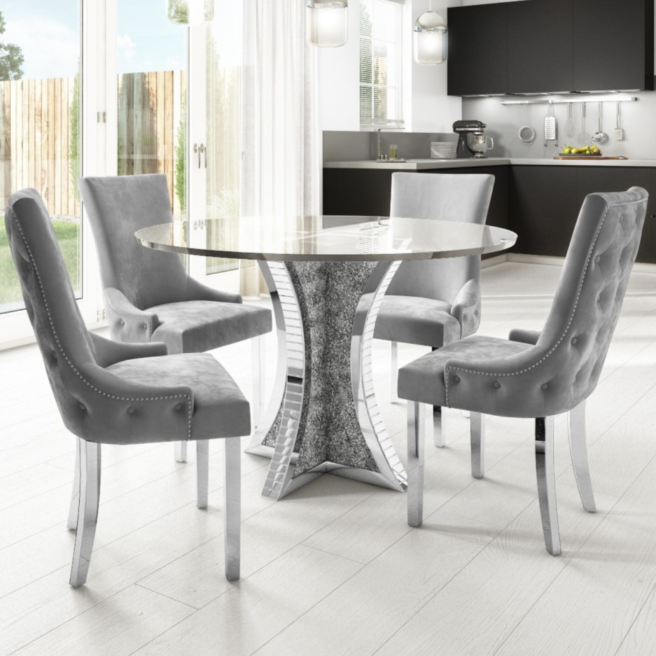 Round Mirrored Glass Top Dining Table with 4 Dining Chairs in Grey