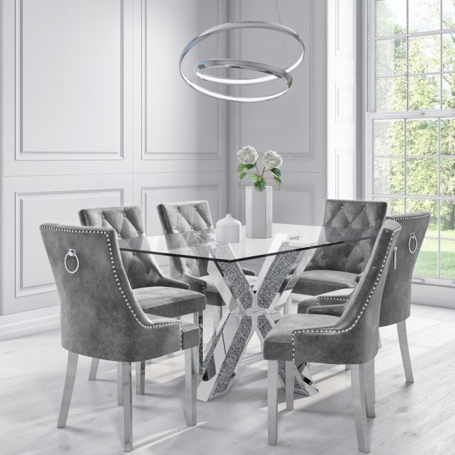 Glass & Mirrored Dining Set with 6 Grey Velvet Chairs - Jade Boutique