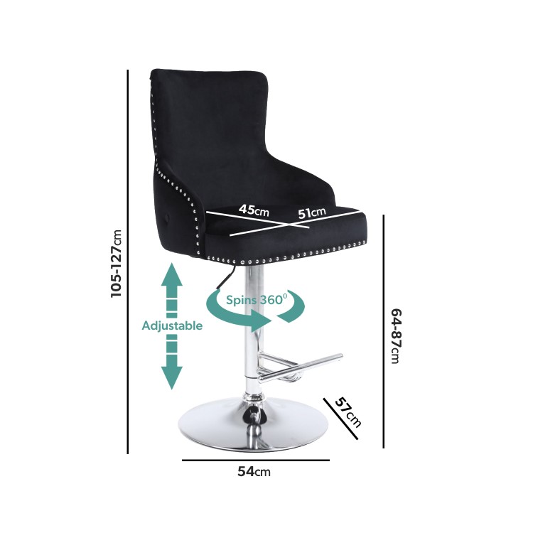 Set of 2 Black Velvet Swivel Bar Stools - Height Adjustable - Jade Boutique