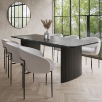 Large Rectangular Black Oak Extendable Dining Table Set with 6 White Boucle Chairs - Seats 6 - Jarel Large Rectangular Black Oak Extendable Dining Table Set with 6 White Boucle Chairs - Seats 6 - Jarel